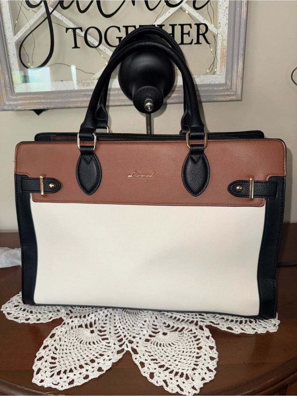 Classic Tri-Color Laptop Tote Bag — White, Brown & Black